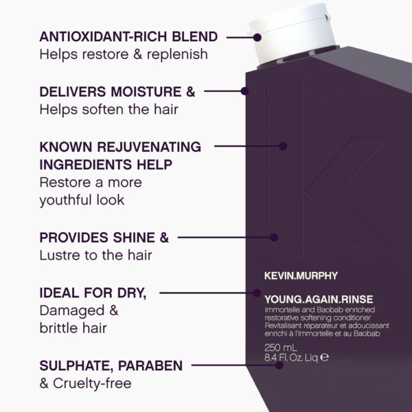 KEVIN.MURPHY YOUNG.AGAIN.RINSE - Moisturising Anti-Ageing Conditioner - For Ageing, Dry, Damaged & Brittle Hair - Hair Repair - With Amino Acids - Sulphate & Paraben Free - 250 mL / 8.4 fl oz - Image 3